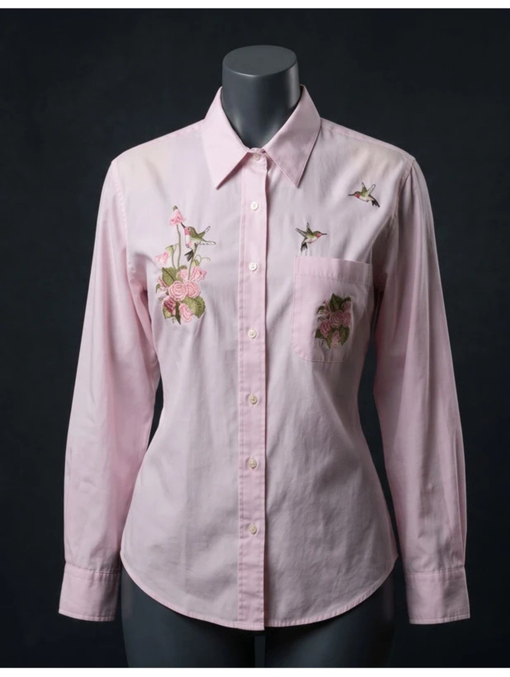 Vintage Get Lucky Pastel Pink Striped Floral Embroidered Button-Up Shirt Small